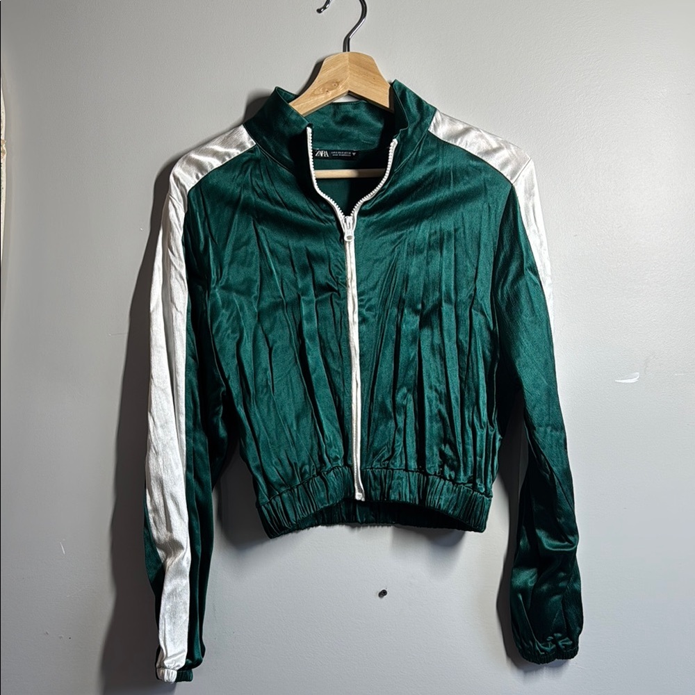 Zara Green and White Bomber Jacket with Sporty Stripes